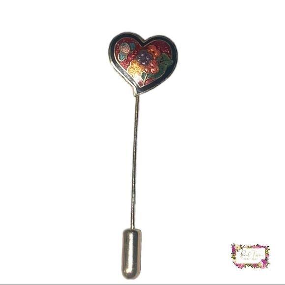 Vintage Heart Shaped Cloisonné Floral & Butterfly Stick Pin - Picture 10 of 14